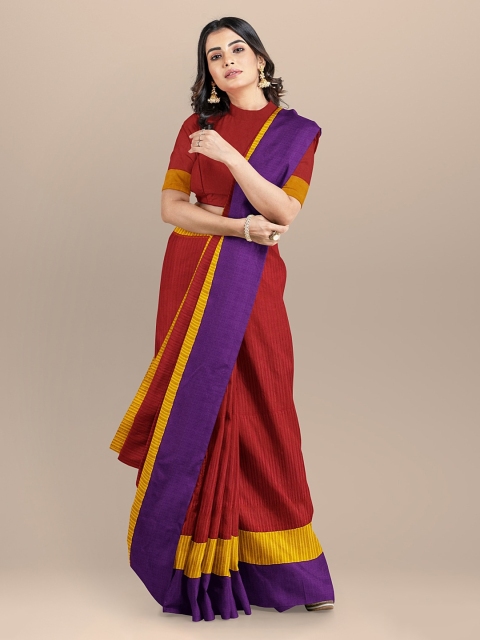 BharatSthali Red & Yellow Silk Cotton Striped Kota Handloom Sustainable Saree