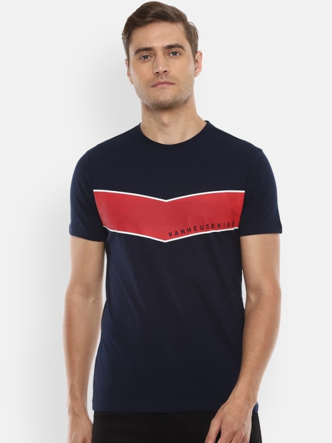 Van Heusen Sport Men Navy Blue & Red Striped Cotton Round Neck T-shirt