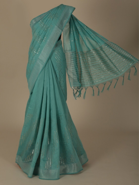Pothys Blue Embellished Linen Blend Saree