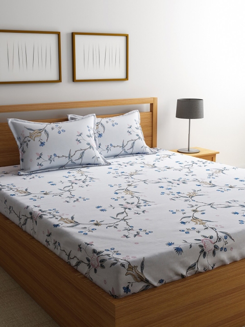 URBAN DREAM White & Blue Floral 210 TC Cotton 1 Extra Large Bedsheet with 2 Pillow Covers
