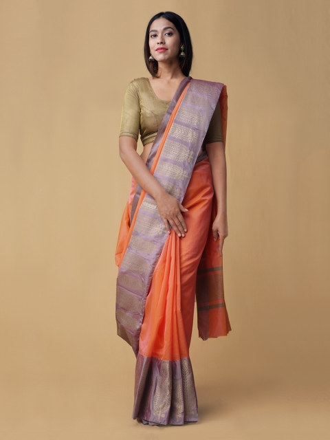 Unnati Silks Orange & Lavender Silk Cotton Woven Design Banarasi Saree
