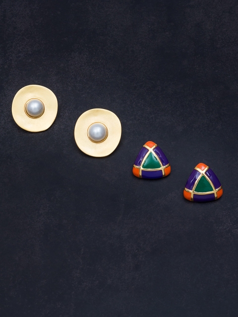 Golden Peacock Set Of 3 Gold-Toned & Green Handcrafted Contemporary Studs