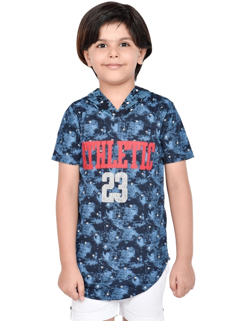 ORANGE PUMPKKIN Boys Blue Printed Hood T-shirt