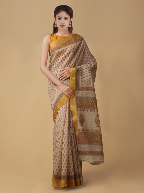 Unnati Silks Beige Cotton Blend Printed Chanderi Saree