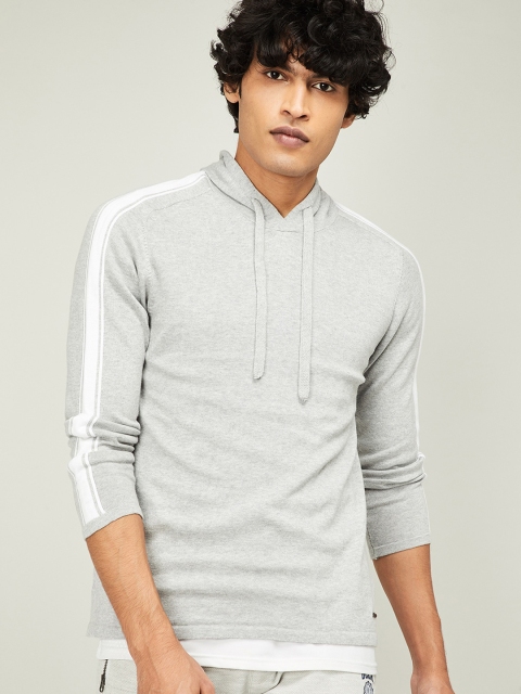 Bossini Men Grey Solid Hooded Knitted Pullover