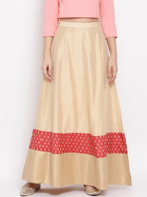 Span Women Beige & Red Printed Maxi Pure Cotton Skirt