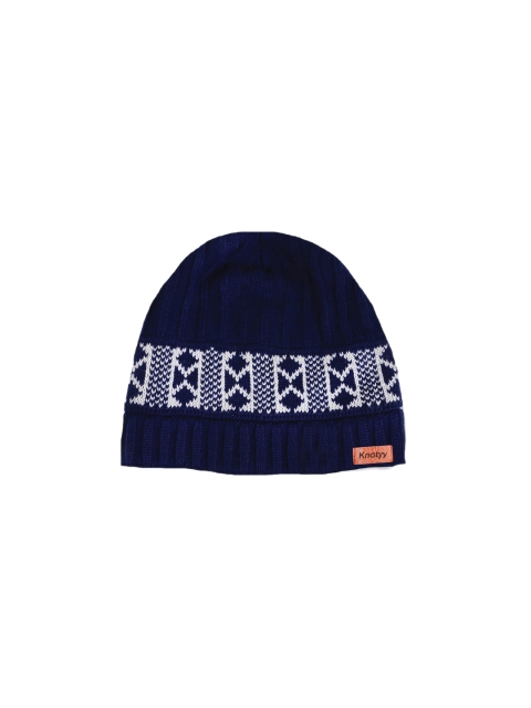 Knotyy Unisex Navy Blue & White Embroidered Beanie