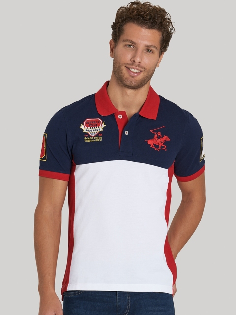 Beverly Hills Polo Club Men White & Navy Blue Colourblocked Polo Collar T-shirt