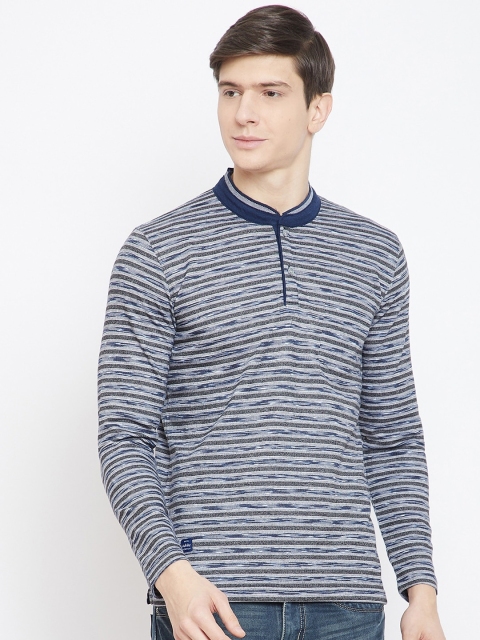 Adobe Men Navy Blue Striped Mandarin Collar T-shirt
