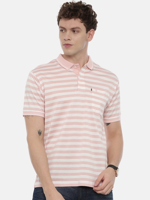 Classic Polo Men Pink & White Striped Polo Collar T-shirt