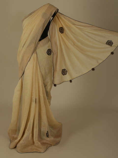 Pothys Cream-Coloured Solid Linen Blend Saree