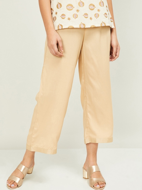 Melange by Lifestyle Women Beige Solid Straight Palazzos
