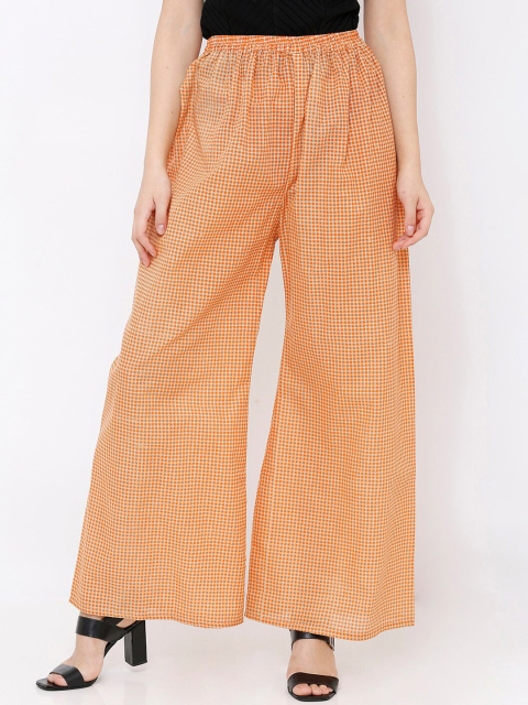 SALWAR STUDIO Women Orange & Off-White Checked Wide-Leg Palazzo