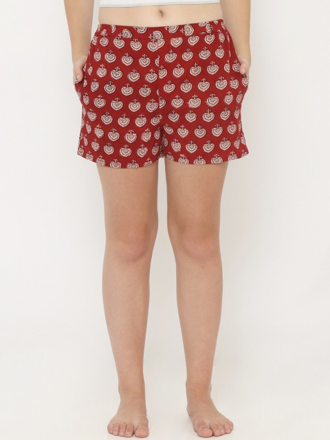 Heart 2 Heart Women Maroon & Off-White Printed Lounge Shorts