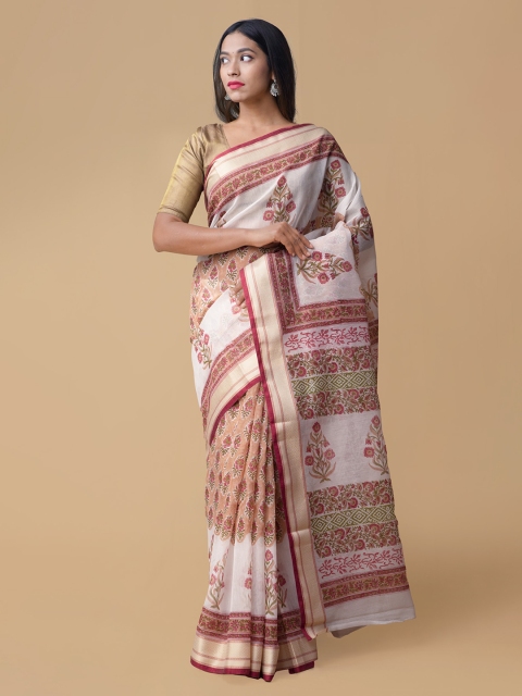 Unnati Silks Red & Off-White Cotton Blend Printed Chanderi Handloom Saree