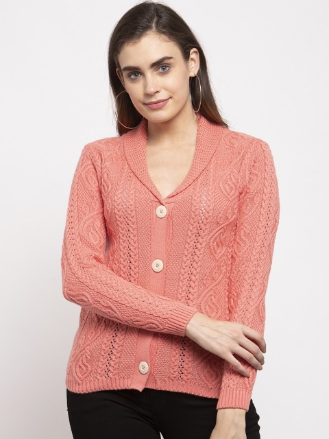 Kalt Women Peach-Coloured Self-Design Cardigan