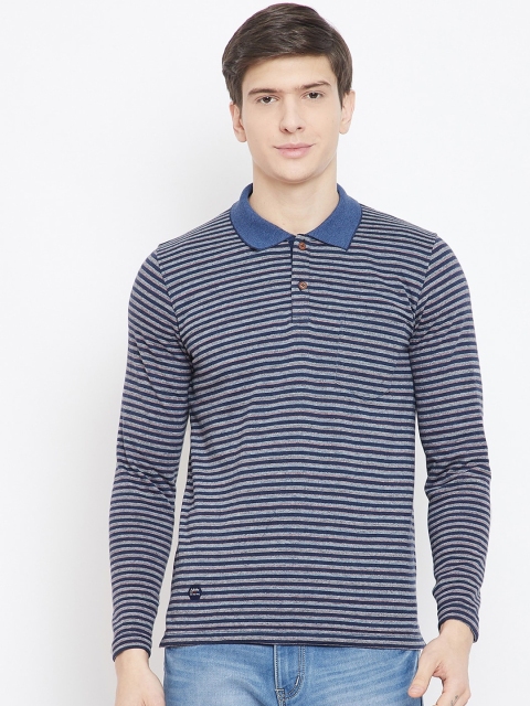 Adobe Men Navy Blue Striped Polo Collar T-shirt
