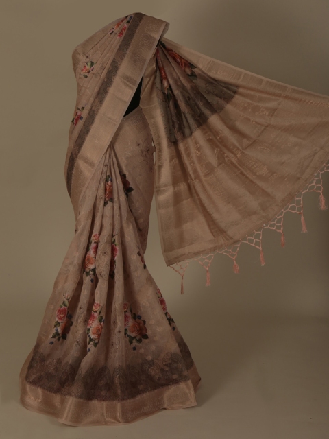 Pothys Beige Printed Linen Blend Saree