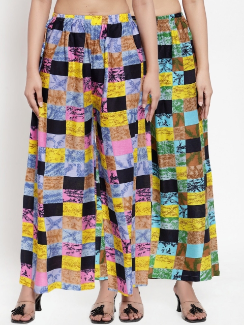 NEUDIS Women Pack Of 2 Yellow & Blue Printed Wide Leg Palazzos