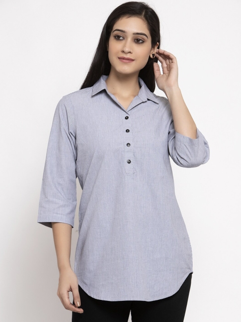 Ayaany Women Grey Striped Shirt Style Pure Cotton Top