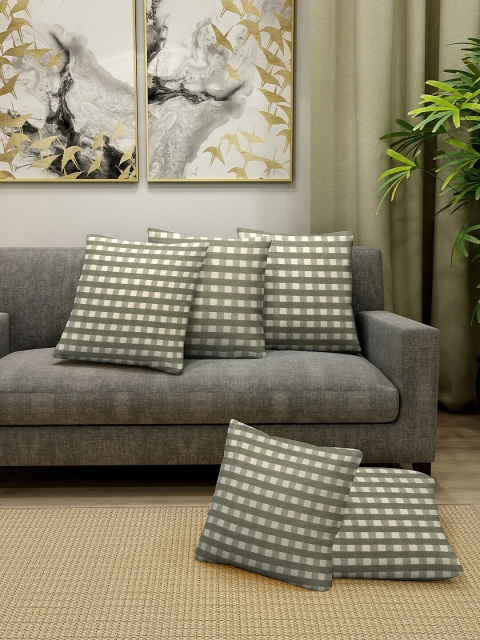 KLOTTHE Set of 5 Olive Green & Beige Checked Sustainable Square Cushion Covers With Filler