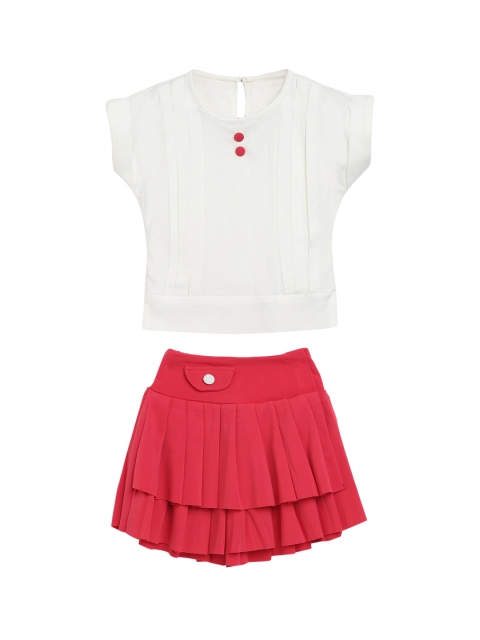 ADIVA Girls Magenta & White Solid Top With Skirt