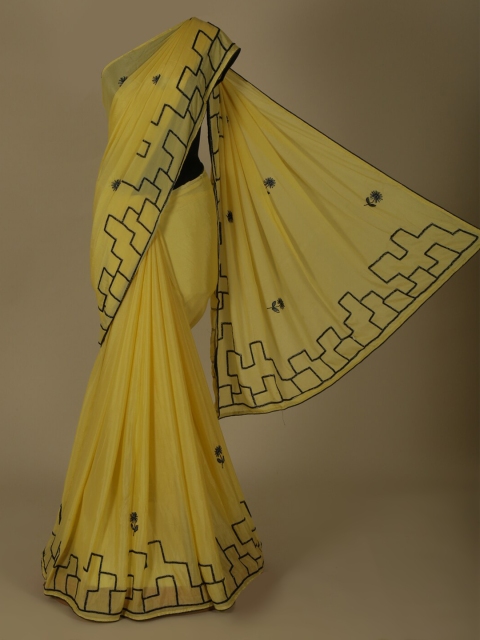Pothys Yellow Embellished Satin Saree