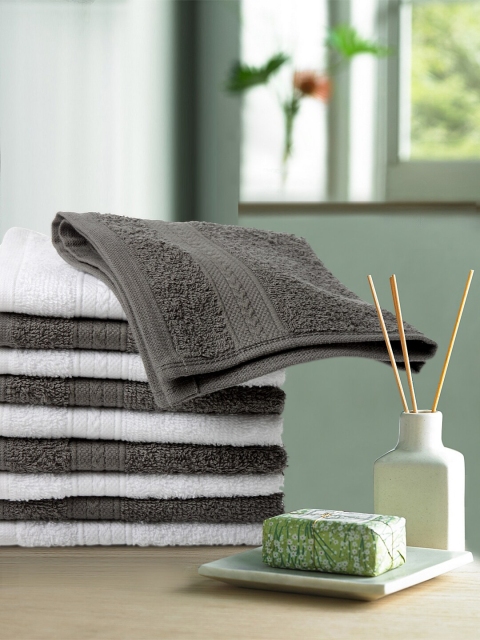 Trident Set of 10 Grey & White Solid 400 GSM Face Towels