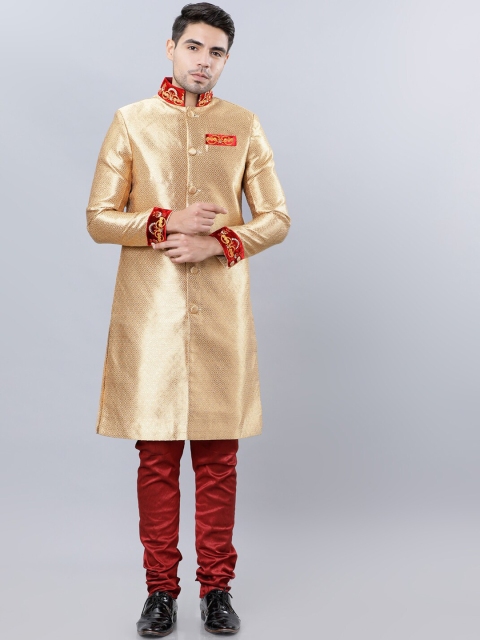 Svanik Men Gold-Coloured & Red Brocade Embroidered Sherwani Set