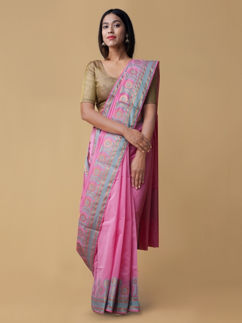 Unnati Silks Pink Silk Cotton Blend Solid Banarasi Saree
