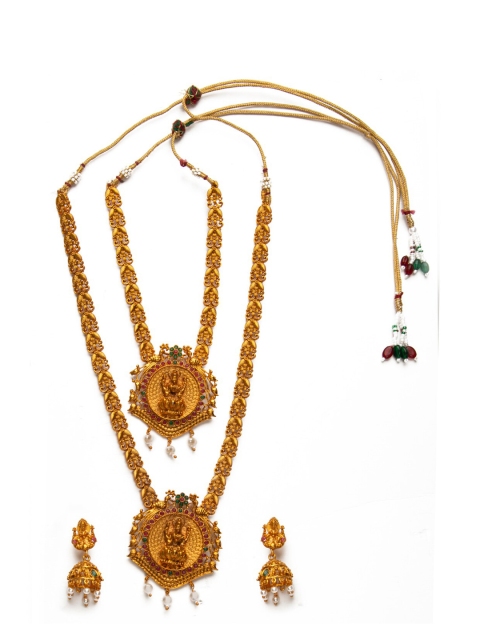 Alankruthi Gold-Plated Pink & Green Stone-Studded Textured Goddess Laxmi Temple Jewellery Set
Alankruthi Gold-Plated Pink & Green Stone-Studded Textured Goddess Laxmi Temple Jewellery Set