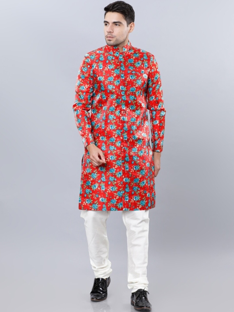 Svanik Men Red & Blue Floral Printed Sherwani Set
