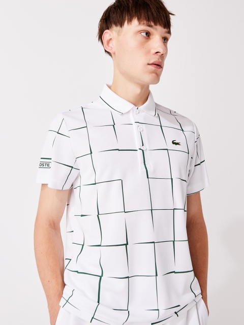 Lacoste Men Off-White Checked SPORT Breathable Print Pique Tennis Polo Shirt