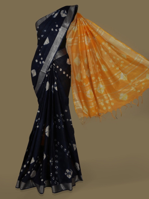 Pothys Navy Blue & Yellow Linen Blend Printed Saree