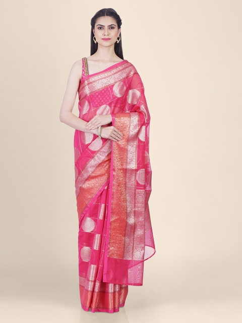 Shruti and Mangaaysh Pink Silk Blend Checked Banarasi Handloom Saree