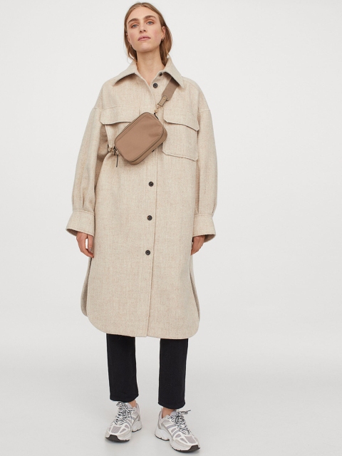H&M Women Beige Solid Long Shirt Jacket