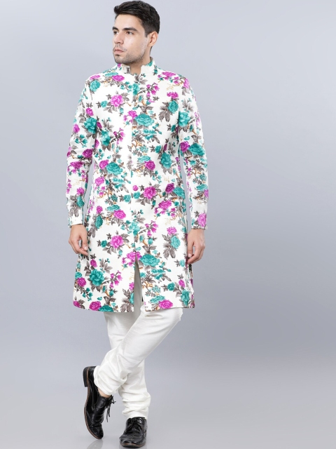 Svanik Men White & Pink Floral Printed Sherwani Set