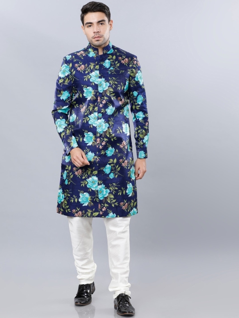 Svanik Men Navy Blue & Off-White Printed Sherwani Set