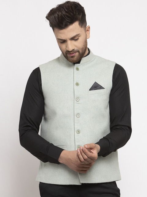 NEUDIS Men Green Solid Pure Wool Nehru Jacket With Pocket Square