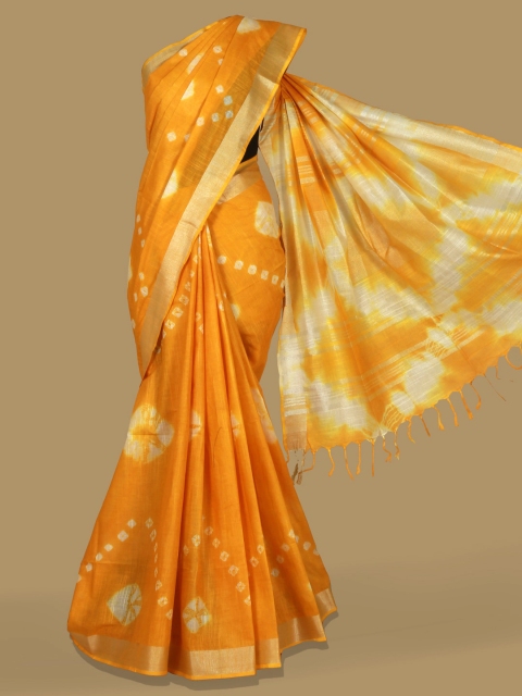 Pothys Yellow Printed Linen Blend Saree