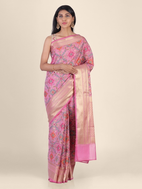 Shruti and Mangaaysh Pink & Blue Silk Blend Woven Design Banarasi Saree