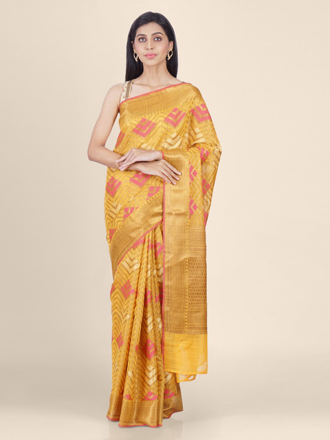 Shruti and Mangaaysh Yellow Silk Blend Printed Banarasi Saree 
Shruti and Mangaaysh Yellow Silk Blend Printed Banarasi Saree