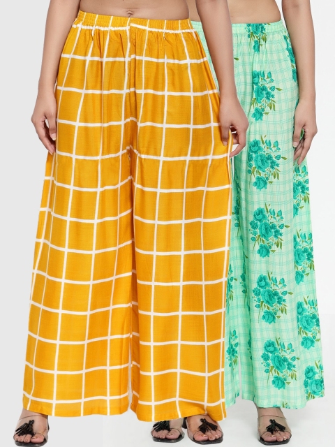 NEUDIS Women Yellow & Green Set of 2 Checked Flared Palazzos