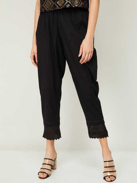 Melange by Lifestyle Women Black Regular Fit Solid Cropped Peg Trousers