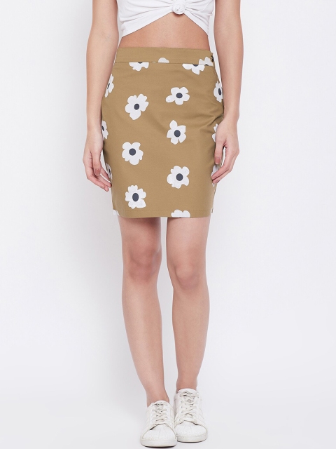Rider Republic Women Brown & White Floral Printed Pencil Mini Skirt