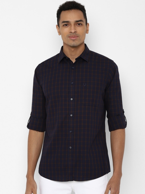 Allen Solly Men Navy Blue & Brown Slim Fit Checked Casual Shirt