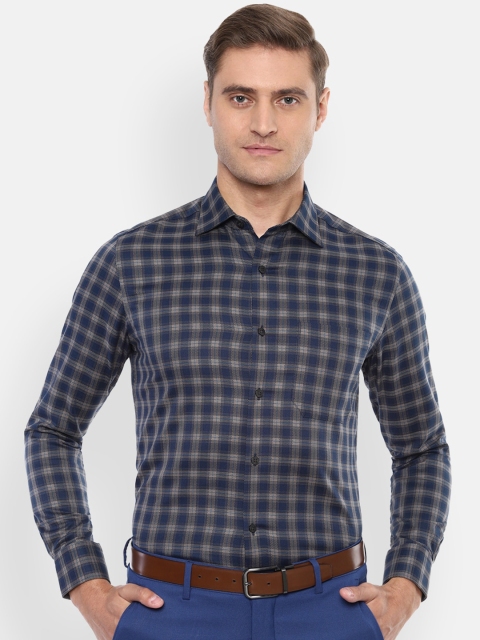 Louis Philippe Men Navy Blue & Beige Regular Fit Checked Casual Shirt