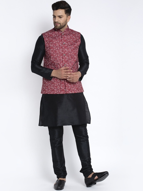 Benstoke Men Black Solid Kurta with Churidar & Nehru Jacket