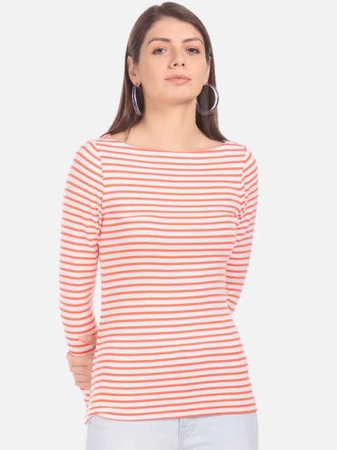 GAP Women White & Orange Striped Boat Neck T-shirt