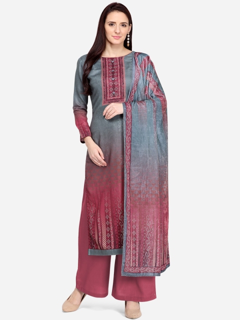 Stylee LIFESTYLE Grey Melange & Red Silk Blend Unstitched Dress Material